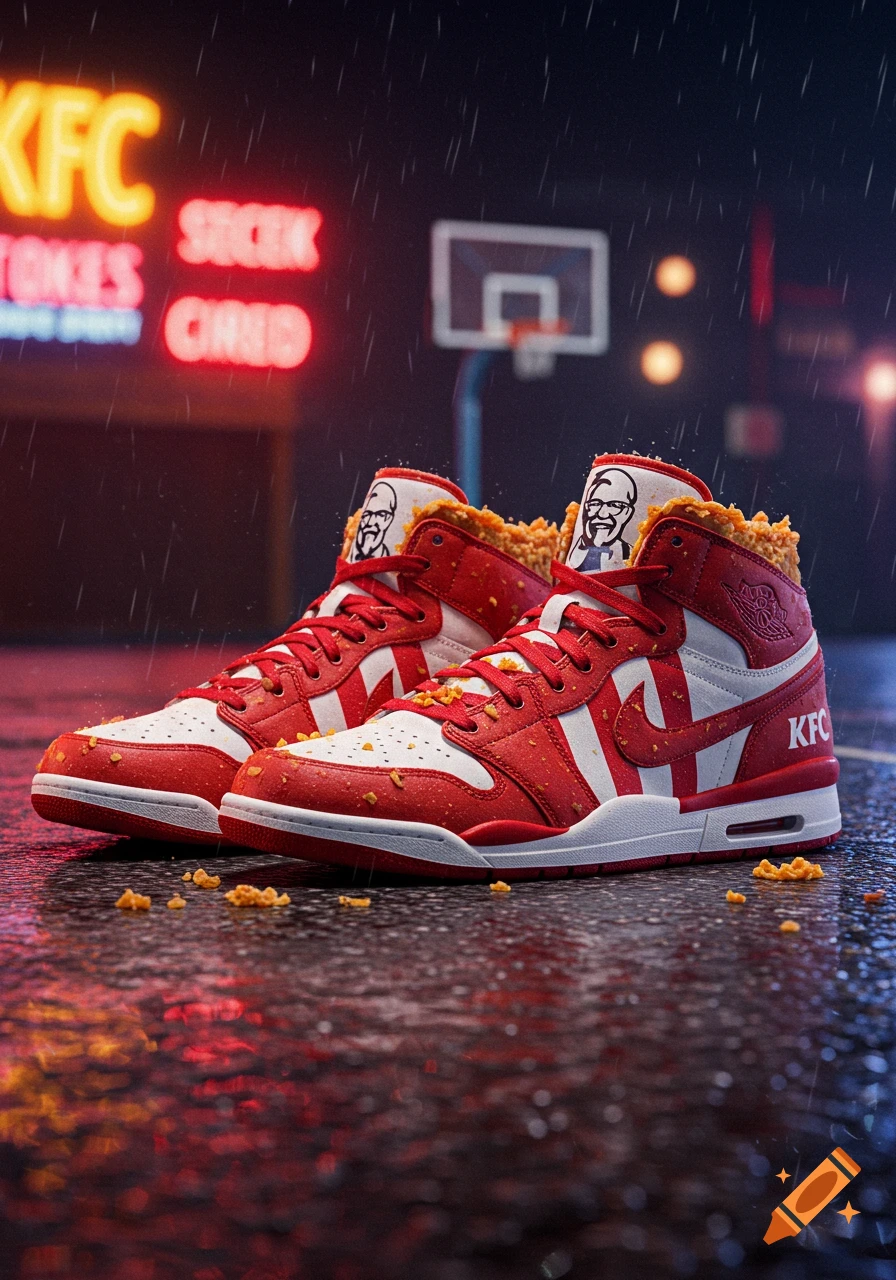 Red and white KFC-themed Jordan sneakers with fried chicken crumbs, on a wet basketball court at night under neon signs.