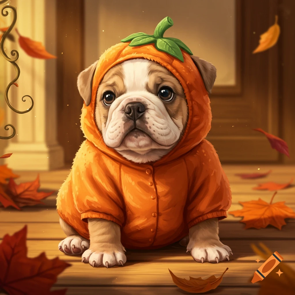 Adorable French Bulldog puppy wearing a pumpkin costume on Craiyon, image size:1024x1024