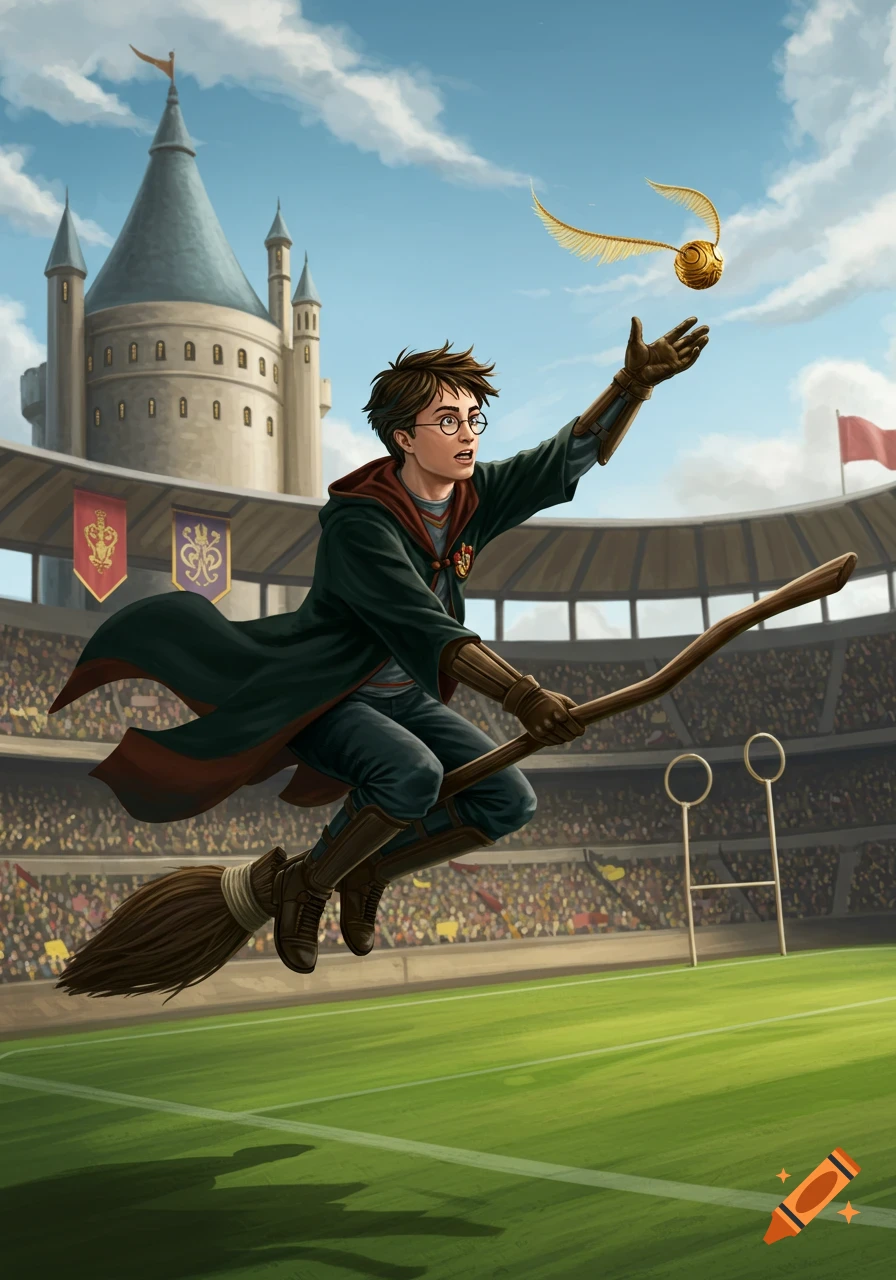 Harry Potter on a broomstick reaches for a golden snitch in a Quidditch stadium with a castle in the background, in an illustrative style.