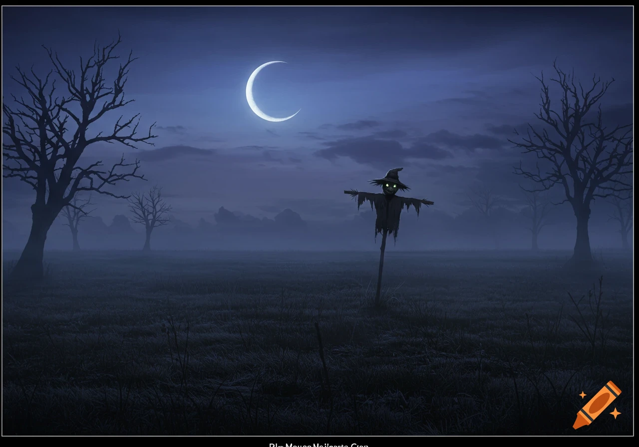 A creepy field at night with a glowing-eyed scarecrow under a crescent moon, surrounded by bare trees.