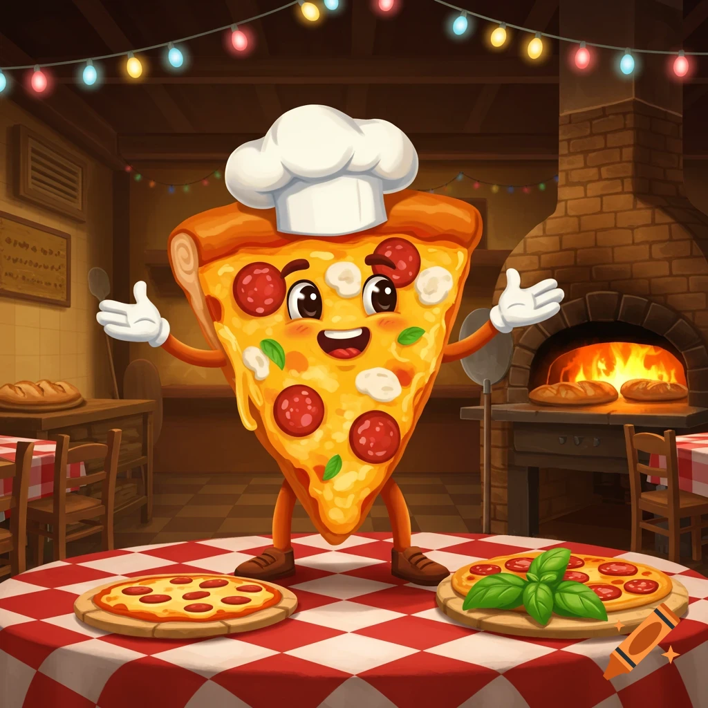 A happy cartoon pizza slice wearing a chef's hat, standing on a checkered tablecloth in a rustic pizzeria with a brick oven.