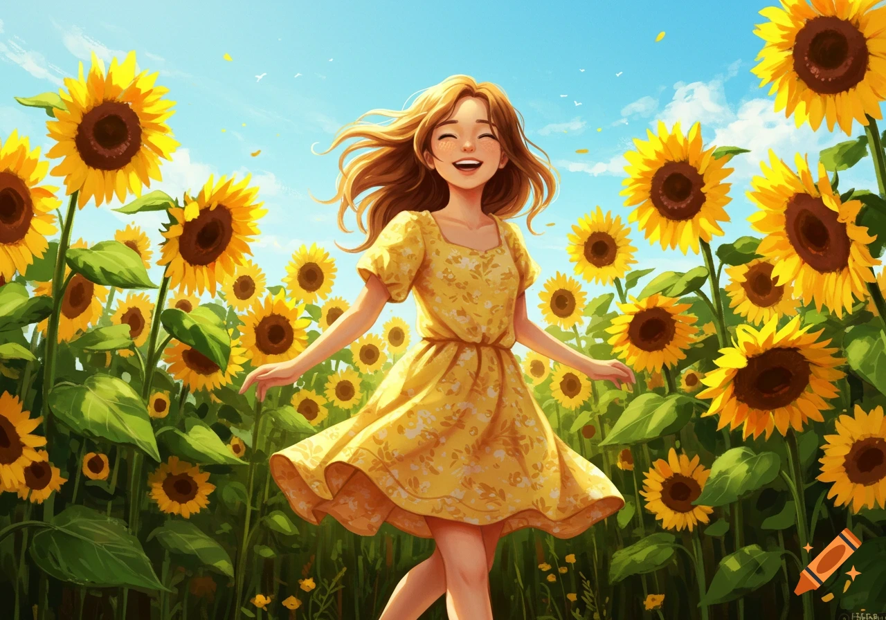 A happy girl in a yellow dress runs joyfully through a field of vibrant sunflowers under a bright blue sky, in an animated style.