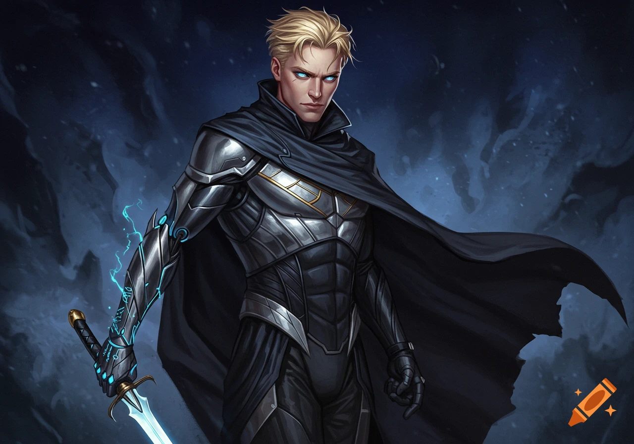 A blonde-haired man with glowing blue eyes, wearing sleek black and silver armor, a dark cape, and holding a glowing sword, stands against a dark background.