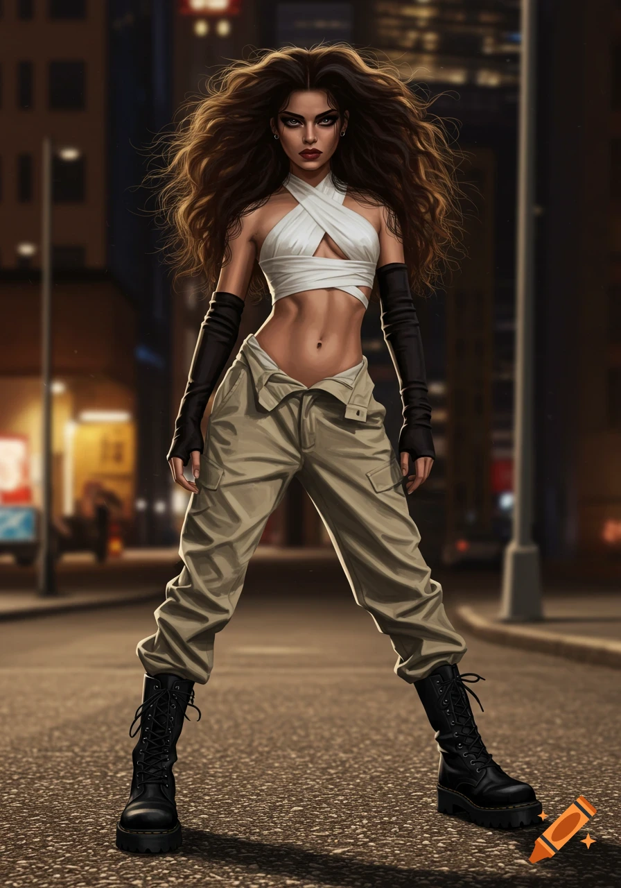 Stylized digital art of a woman with dark wavy hair, heavy makeup, white crop top, beige cargo pants, black boots, and gloves, standing on an urban street at night.