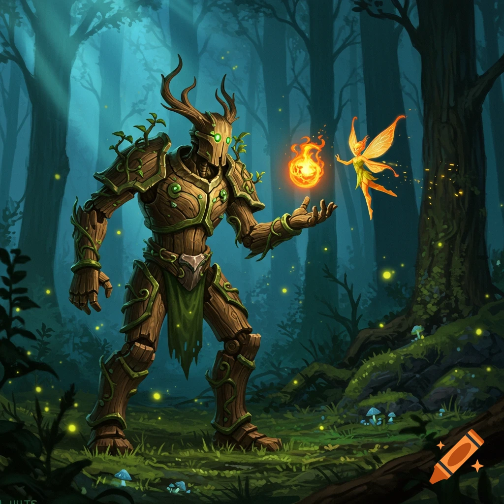 A large, wooden warforged druid with glowing green eyes and mossy armor interacts with a small, glowing fire fairy in a mystical forest.