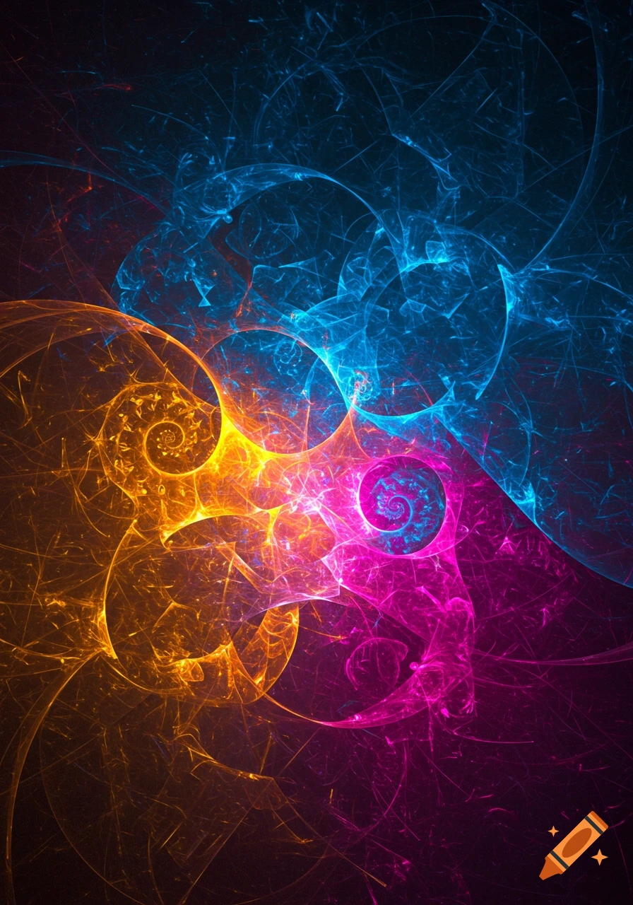 Vibrant abstract fractal art with swirling orange, blue, and magenta light patterns against a dark background.
