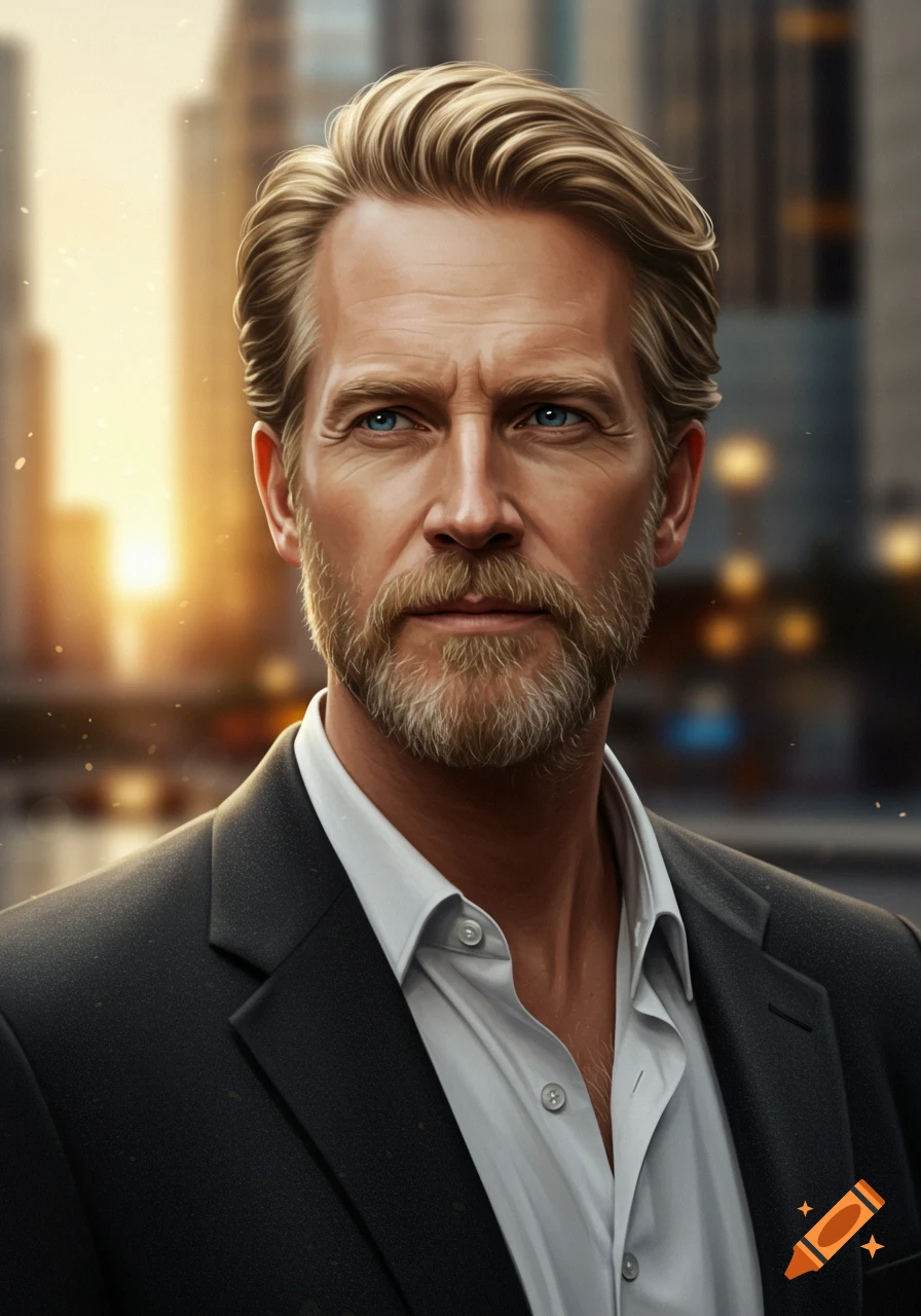 Photorealistic portrait of a middle-aged man with blonde hair and beard, wearing a suit jacket and white shirt, against a blurred city background at sunset.