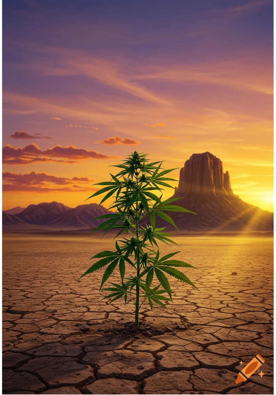 A vibrant green cannabis plant stands in a cracked desert landscape with a large mesa and mountains under a colorful sunset sky.