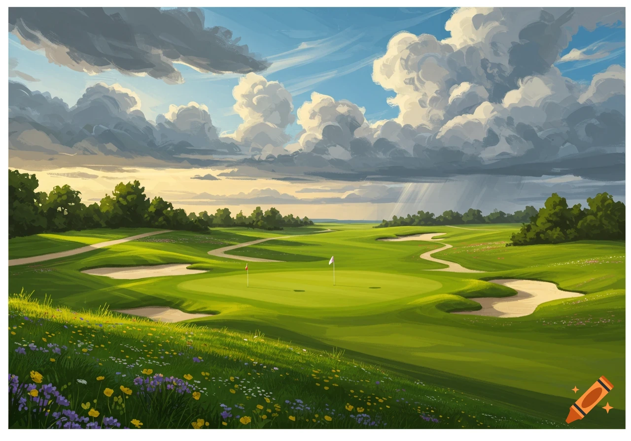 Painterly illustration of a golf course with green fairways, sand traps, flags, and dramatic cloudy sky.