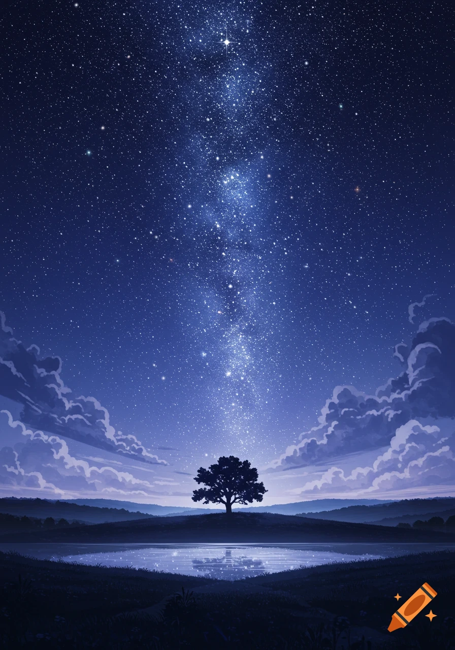 A lone tree stands silhouetted on a hill beside a reflective lake under a brilliant, star-filled night sky with clouds.