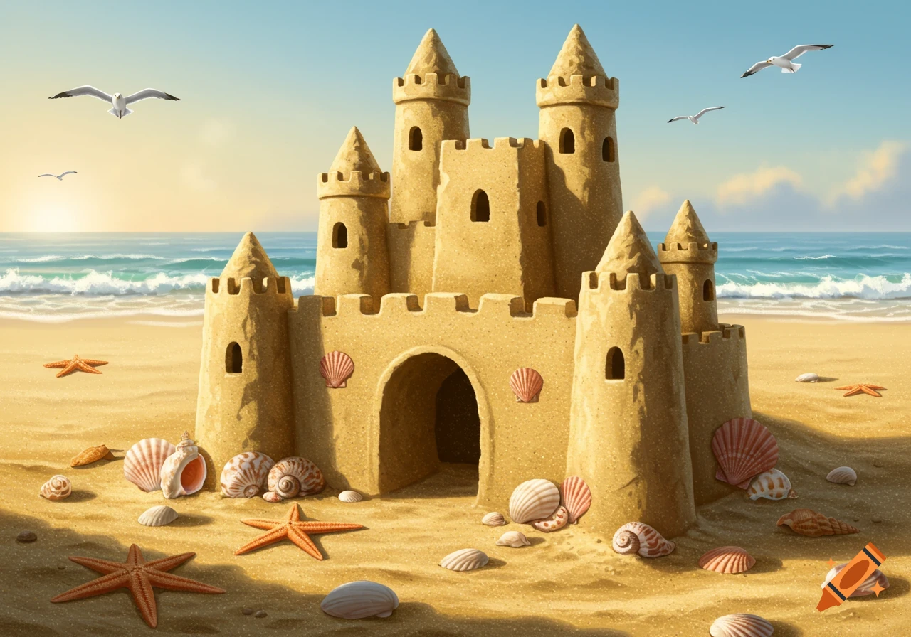 A large, intricate sandcastle on a sunny beach, surrounded by starfish and seashells, with the ocean and seagulls in the background.