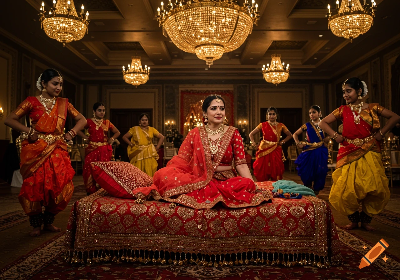 A Kathak dancer in a red sari sits on an ornate bed, with students in colorful traditional attire surrounding her in a grand hall.