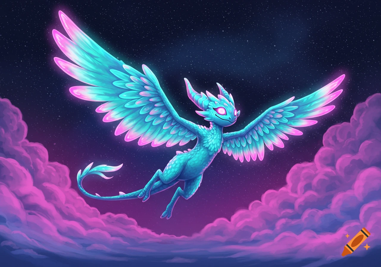 A vibrant blue and pink winged fantasy creature with glowing eyes flies through a starry night sky above glowing purple clouds in an illustration.