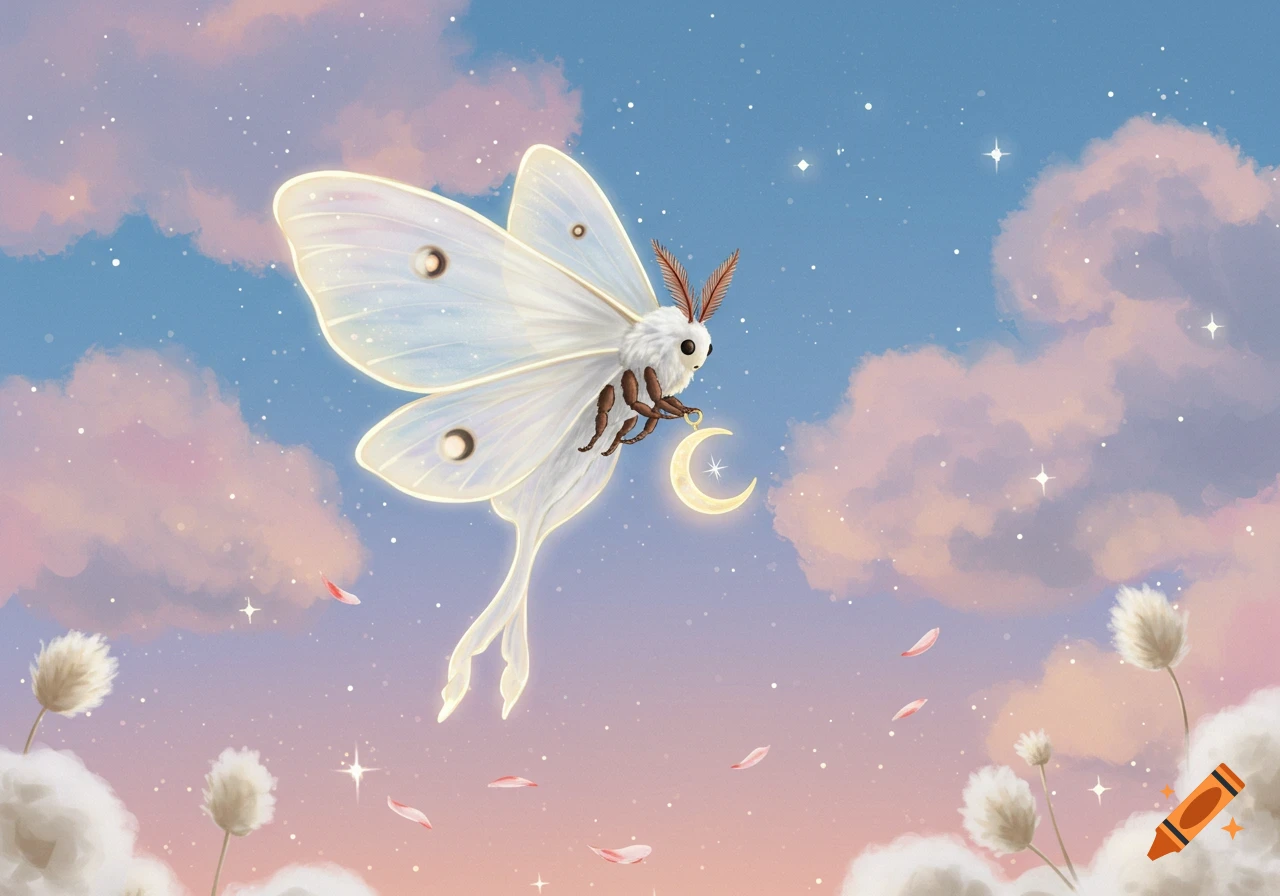 A whimsical white moth holding a glowing crescent moon pendant flies in a dreamy Ghibli-style sky with pink clouds and stars.