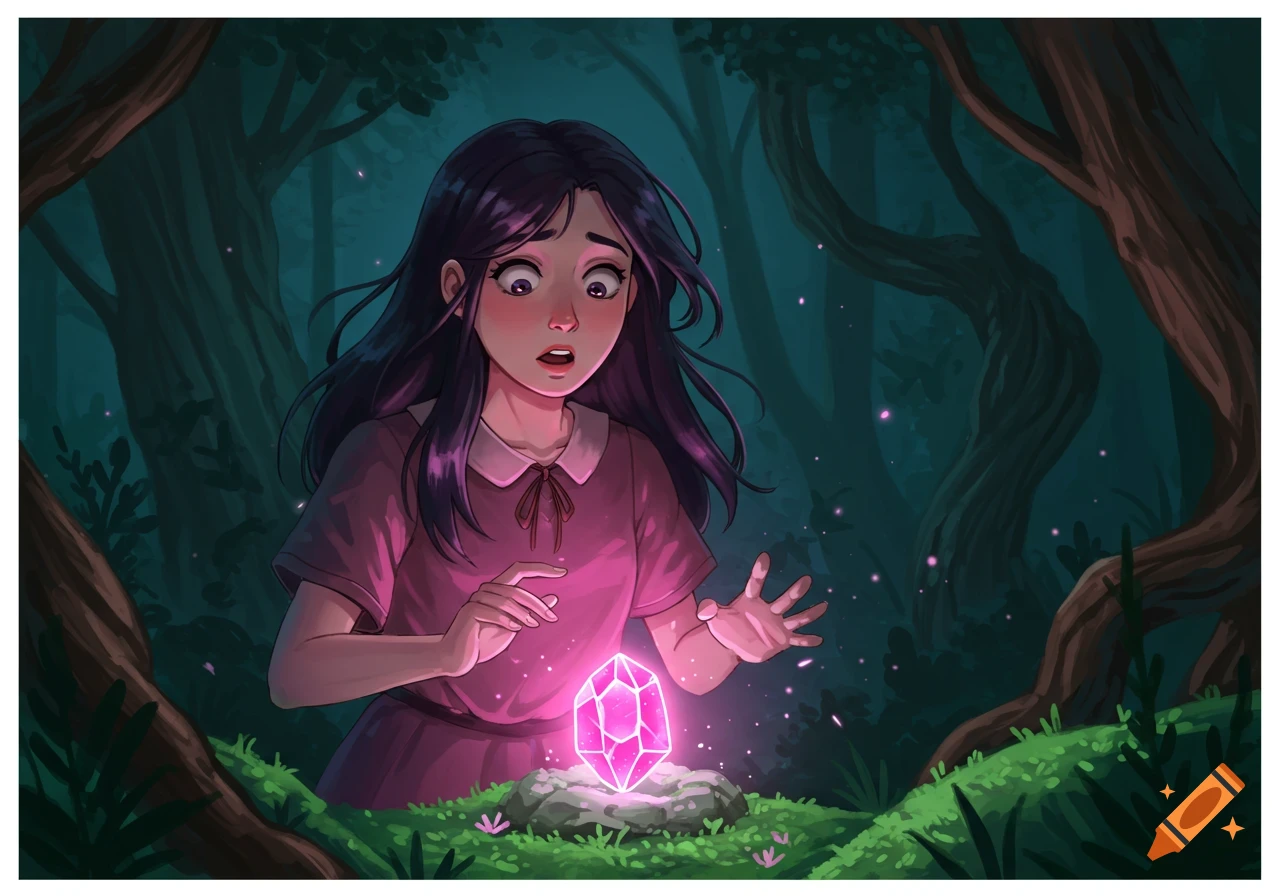 A surprised manga girl in a dark forest discovers a glowing pink magical crystal.