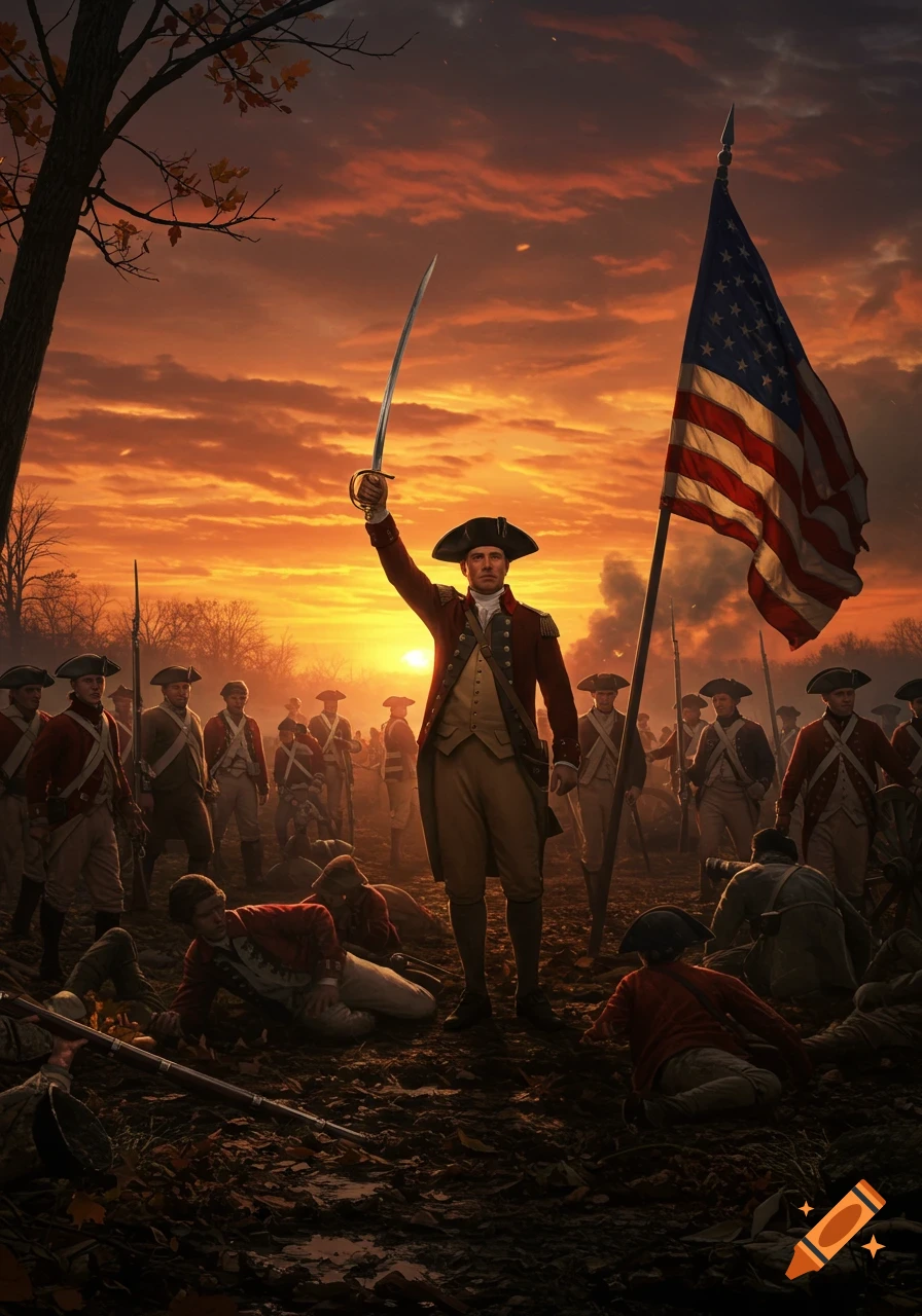 Continental Army officer raises a sword on a battle-scarred field at sunset, American flag flying, surrounded by soldiers.