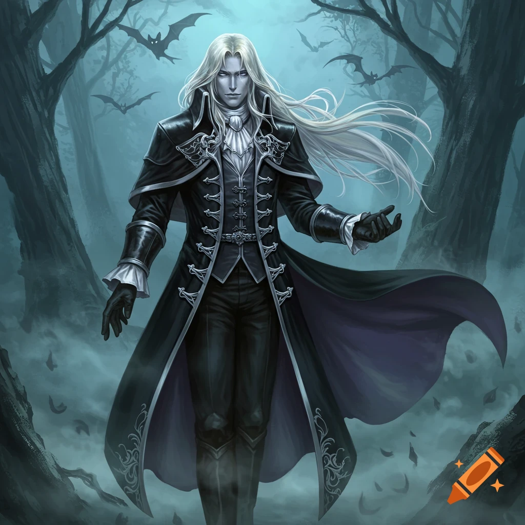 A pale man with long white hair in a black gothic coat stands in a misty, dark forest with bats flying.