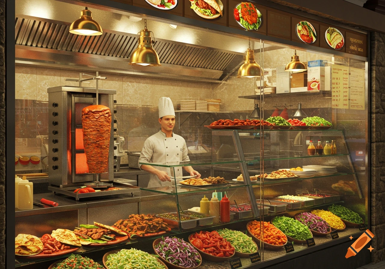 A photorealistic image of a chef preparing food in a vibrant kebab shop with a vertical rotisserie, numerous salads, and various dishes on display.
