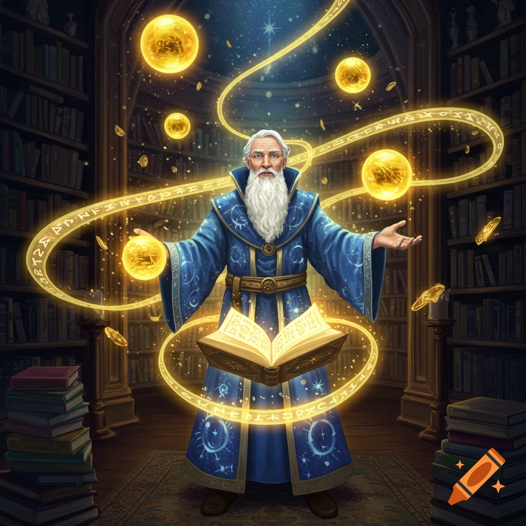 An old wizard with a white beard in a blue robe stands in a library, casting glowing golden magic and holding an enchanted book.