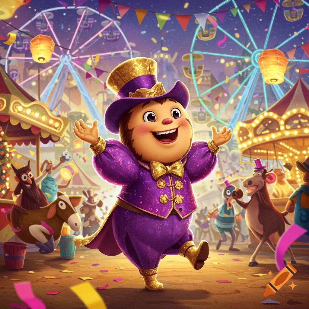 A joyful cartoon creature in a purple suit and gold top hat dances at a vibrant carnival with Ferris wheels and a carousel.