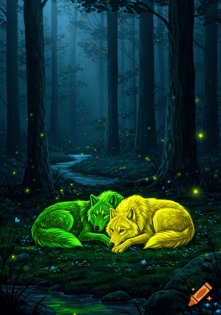 A neon green wolf and a neon yellow wolf cuddle in a dark, magical forest with glowing specks and a winding stream.