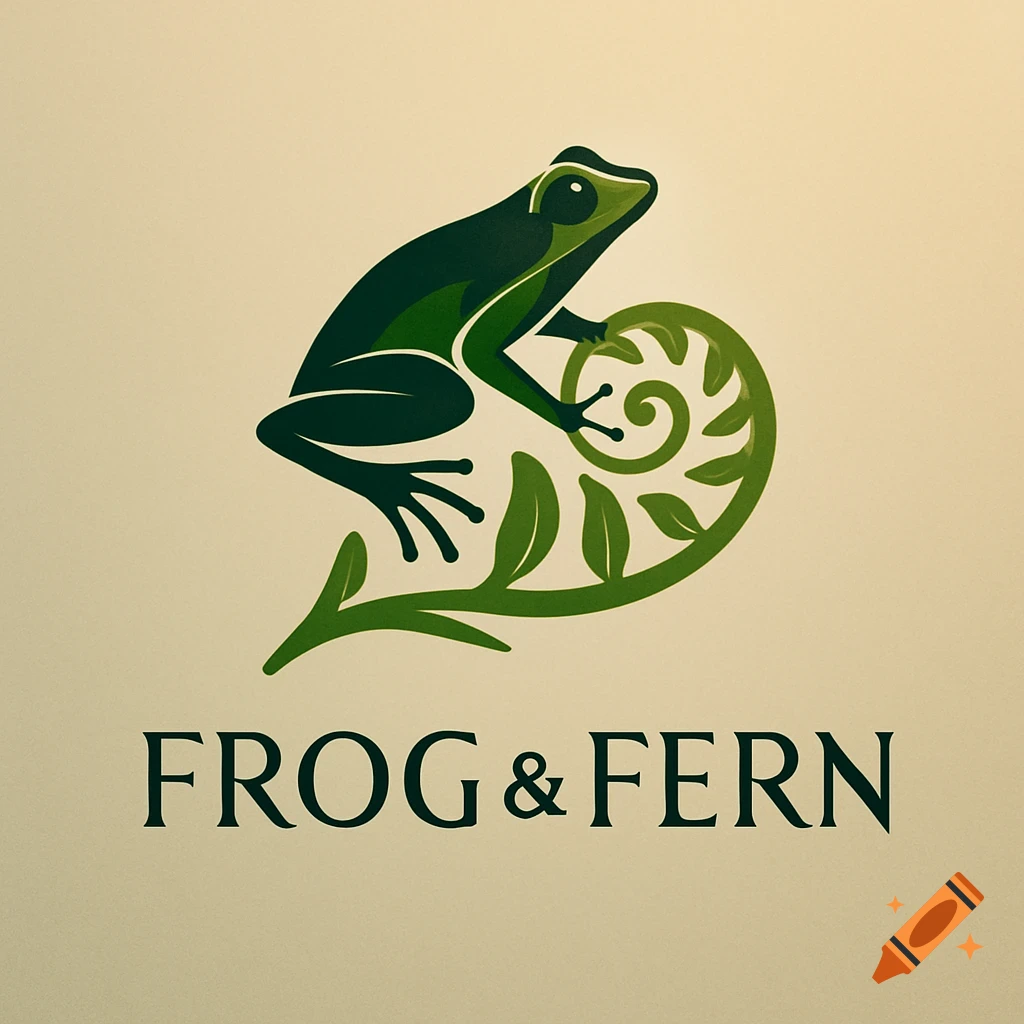 A stylized green frog sits on a curling fern leaf above the text FROG & FERN, on a light background. Logo design.
