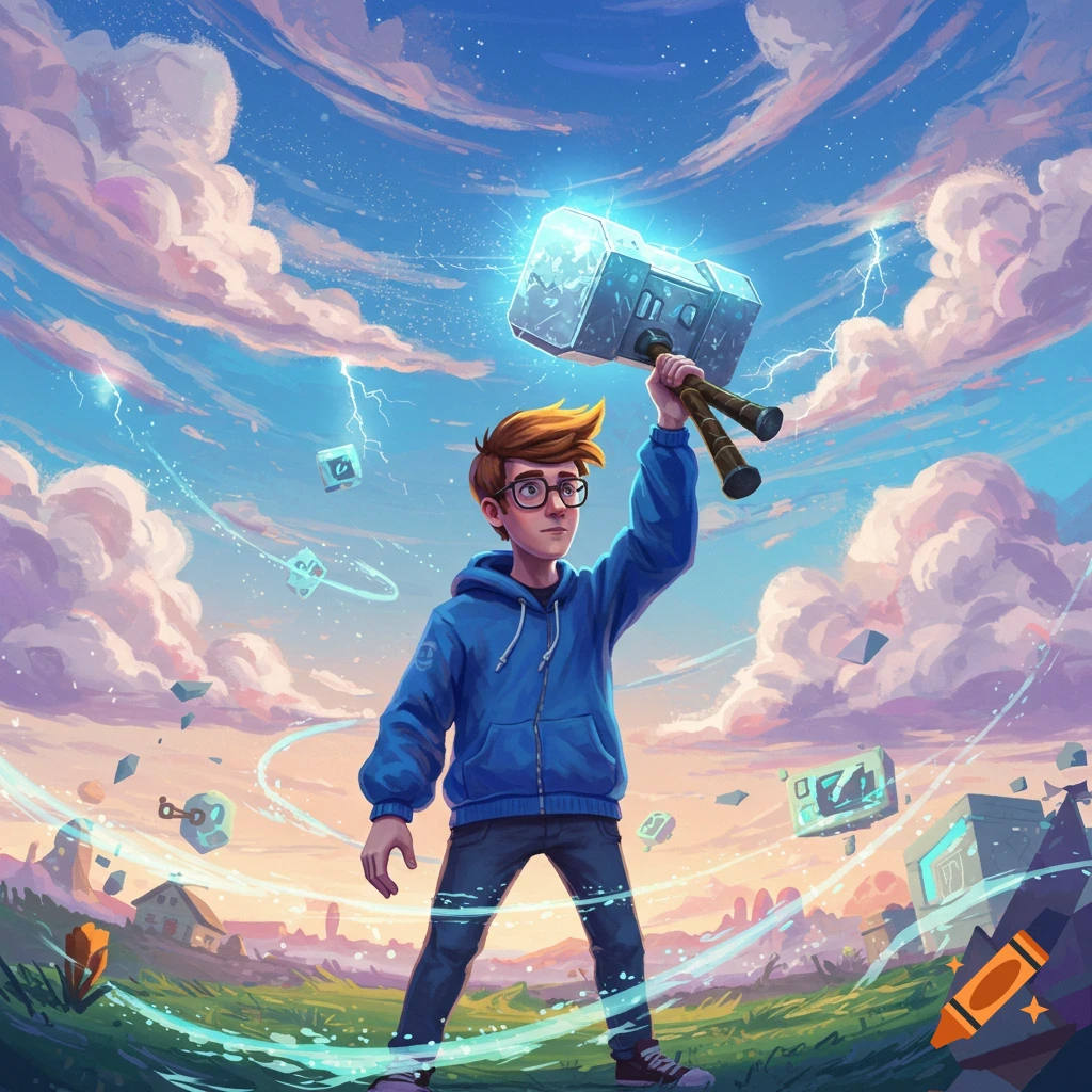 A cartoon boy in glasses and a blue hoodie holds a glowing hammer high in a fantastical field under a vibrant, cloudy sky with lightning.