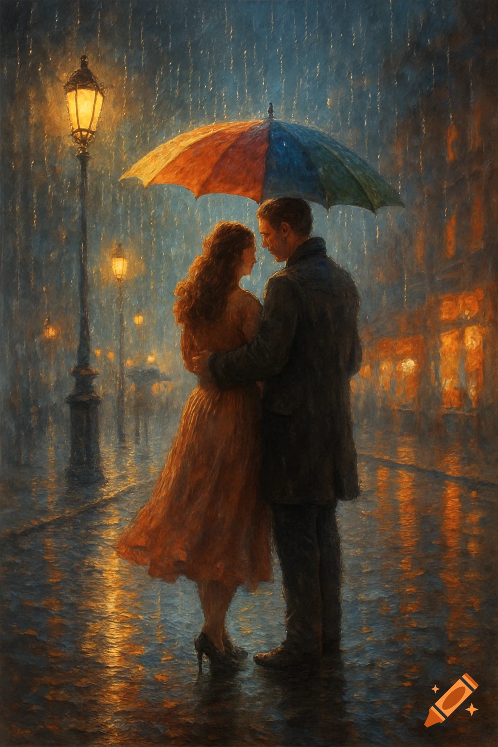 A romantic, painterly image of a couple embracing under a colorful umbrella on a rainy city street at night.