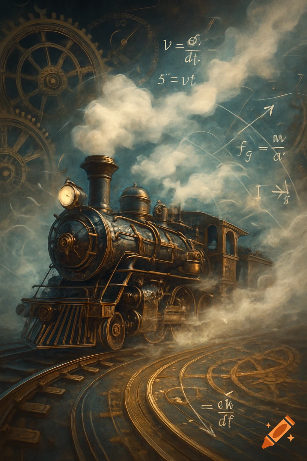 A steampunk-style train emits smoke as it travels on curving tracks, surrounded by gears and scientific formulas in a cloudy, dark blue sky.
