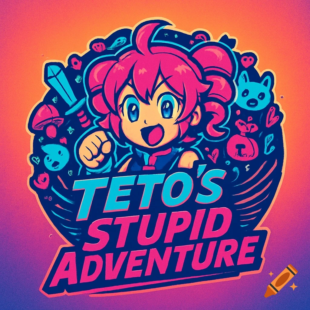Vibrant anime logo with a pink-haired character, a sword, and text 'TETO'S STUPID ADVENTURE'.
