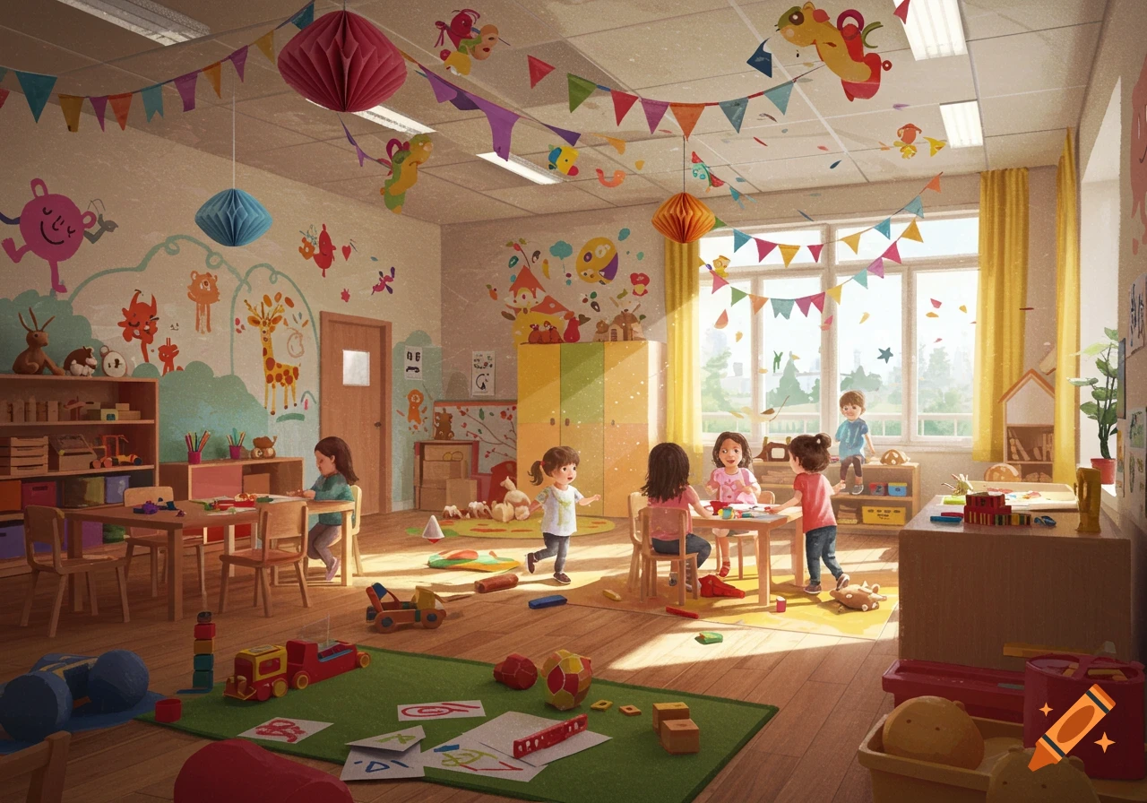 A brightly lit kindergarten classroom with several children playing, colorful decorations, and toys scattered around.