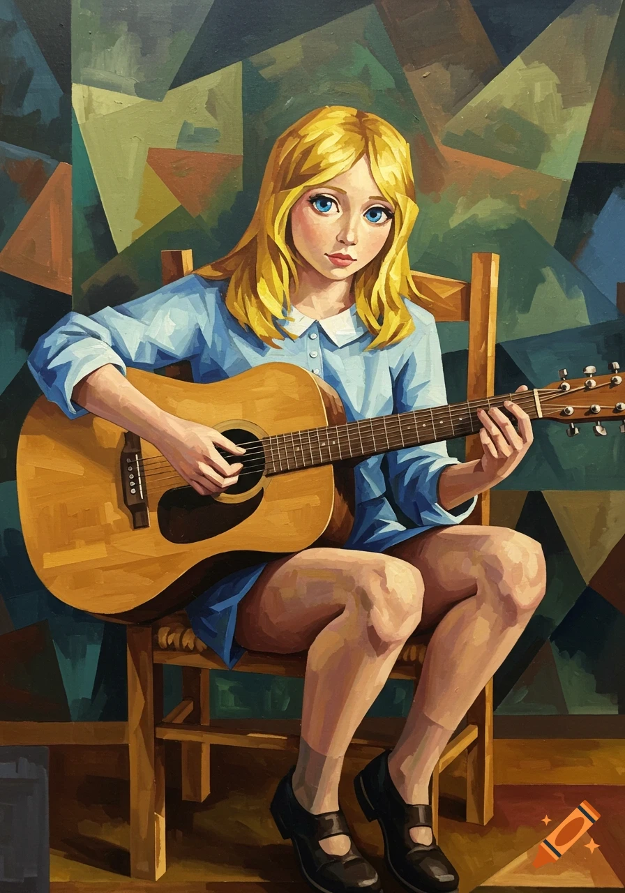 A cubist painting of a young blonde woman with blue eyes in a light blue dress, sitting on a wooden chair and playing an acoustic guitar.