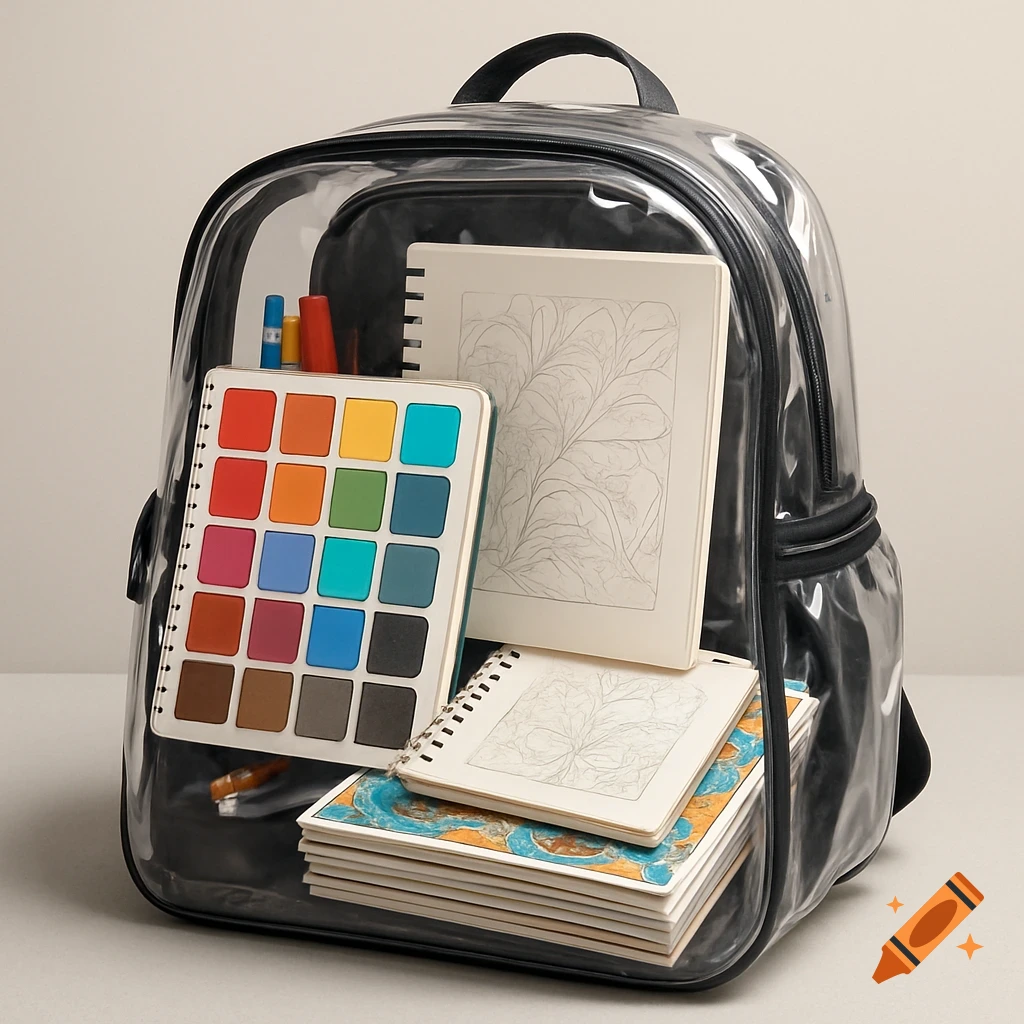 A transparent backpack holds a colorful watercolor palette, sketchbooks with leaf drawings, and pens, against a plain background.
