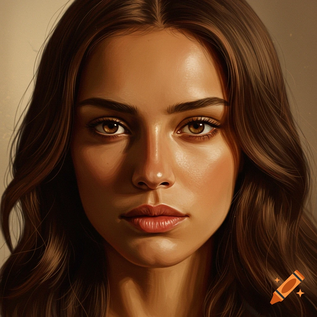 Photorealistic close-up portrait of a woman with long brown hair and expressive brown eyes.