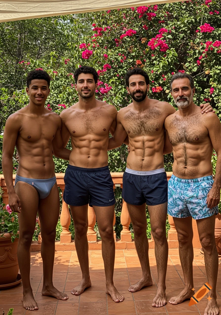 Four shirtless men in swim attire pose together outdoors on a tiled patio in front of lush green foliage and pink flowers.