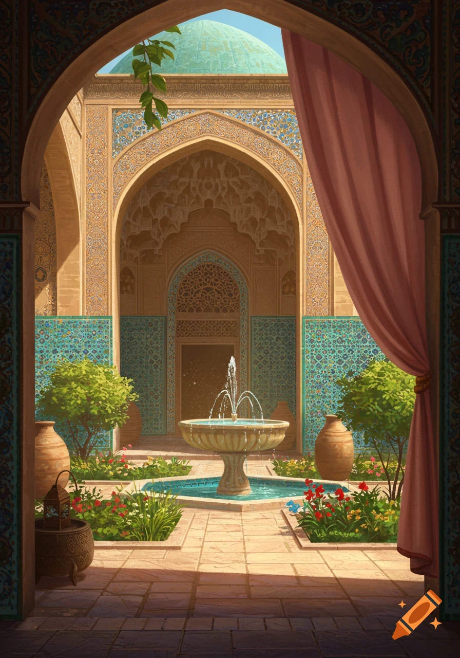 An ornate courtyard featuring a central fountain, intricate tiled arches, lush plants, and a teal dome under a clear sky. A pink curtain hangs to the right.