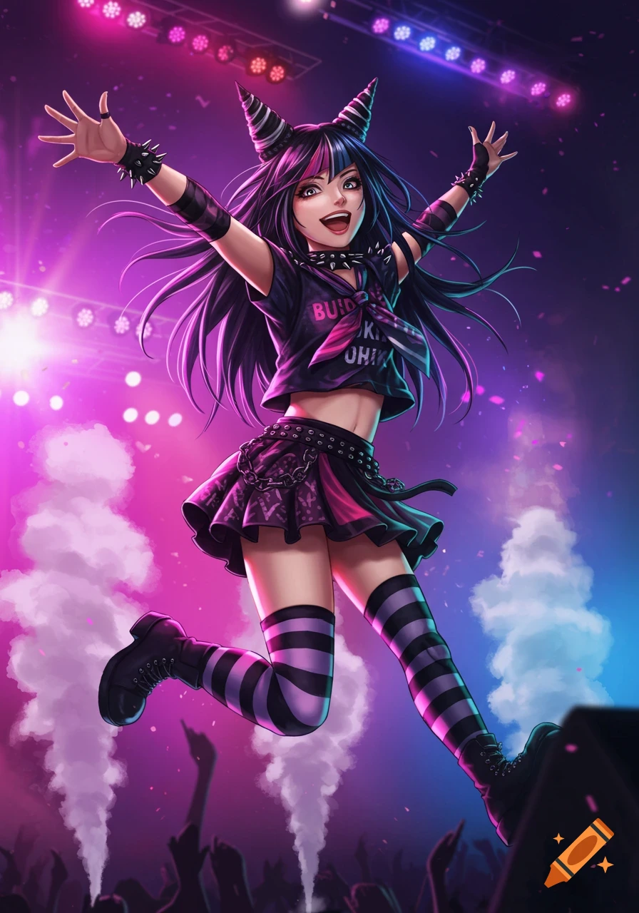 An anime girl with black and pink hair, wearing a punk outfit and striped socks, jumps excitedly on a brightly lit concert stage with smoke effects.