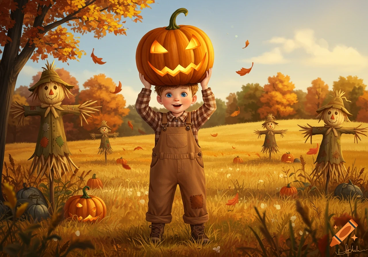 Happy boy with a jack-o'-lantern on his head in a vibrant autumn field with scarecrows and pumpkins.