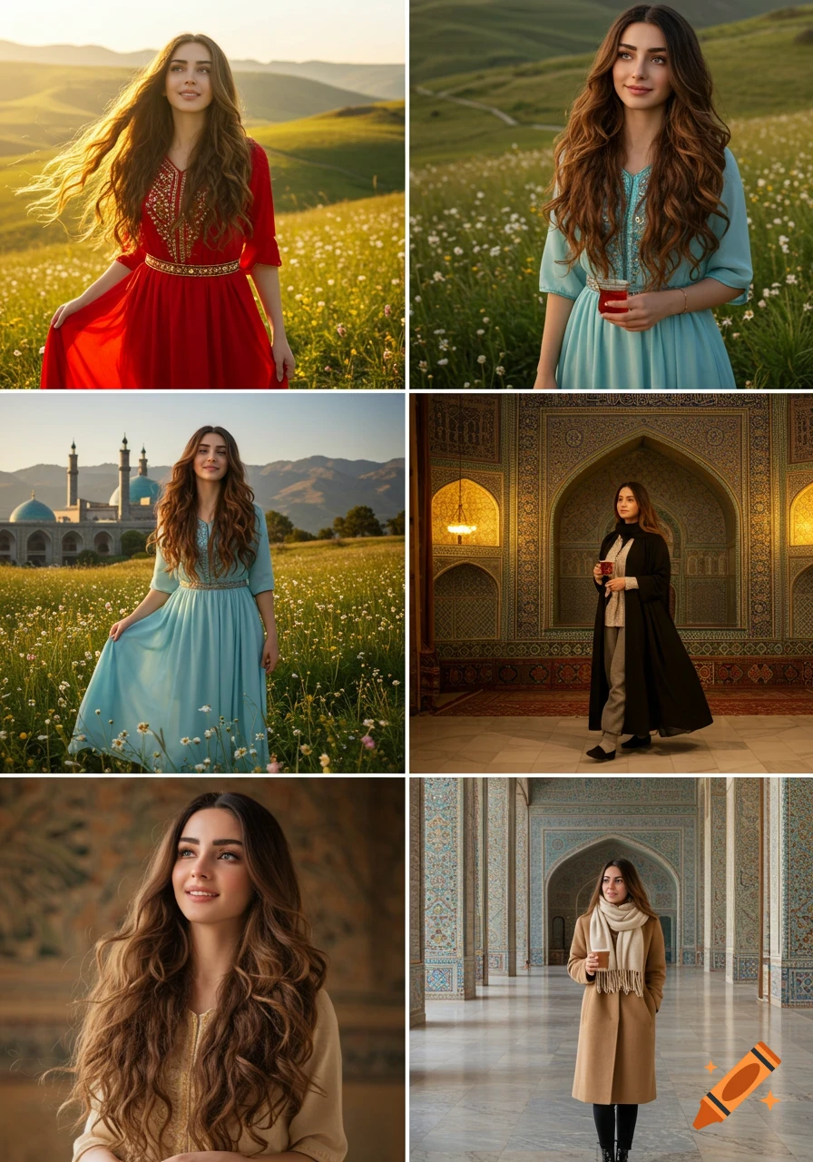 A collage of six photorealistic images of a woman in various traditional and modern outfits, posing in a sunny meadow, by a mosque, and in grand interiors.