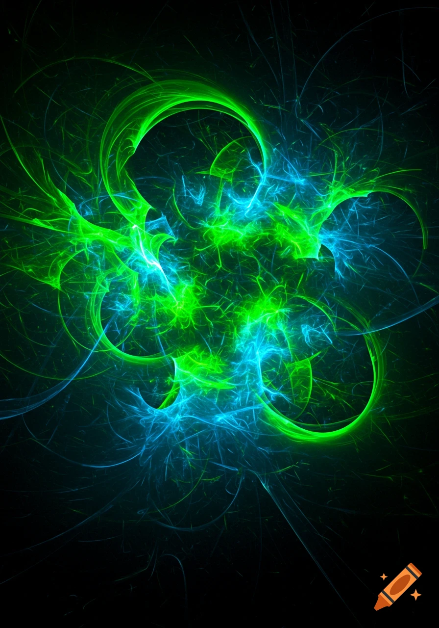 Glowing green and blue abstract fractal light trails swirl on a dark background.