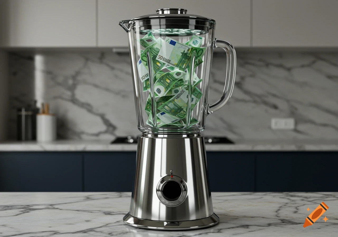 Photorealistic image of a chrome blender filled with crumpled Euro banknotes on a marble kitchen counter.