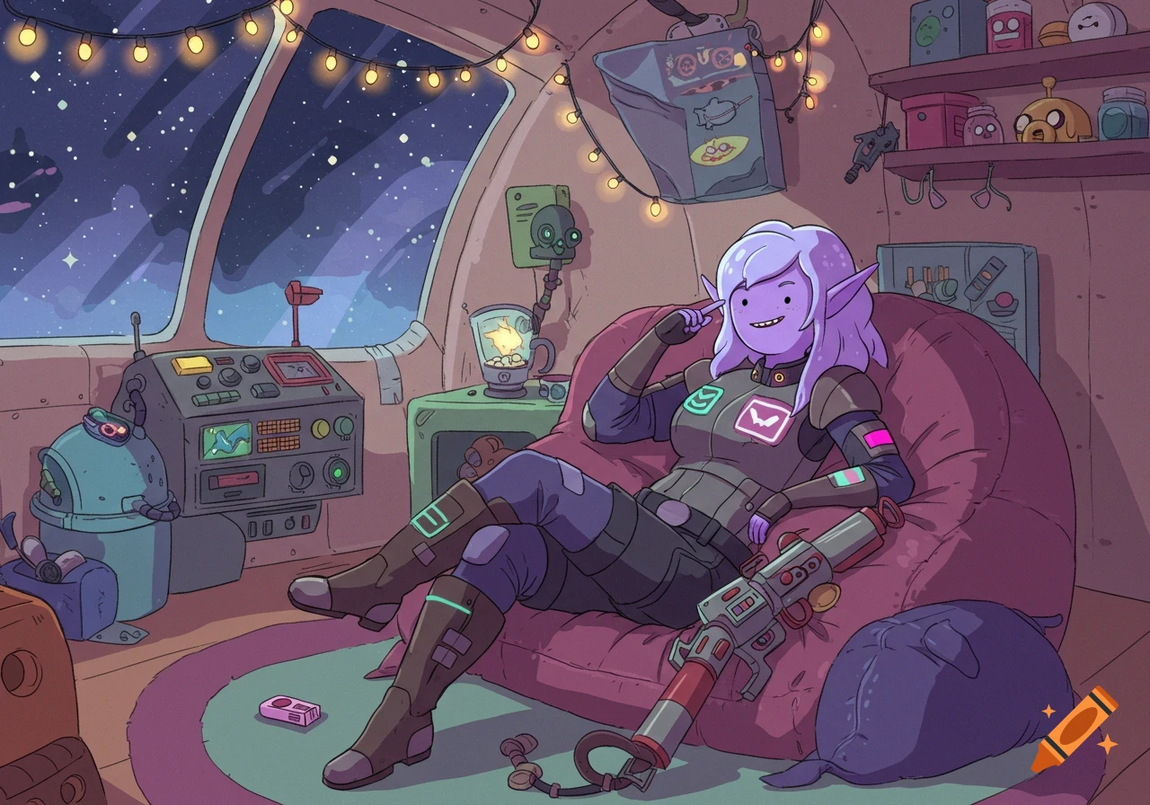 Purple alien woman in sci-fi suit lounges on a beanbag in a cozy, fairy-light-lit spaceship with a view of space, Adventure Time style.