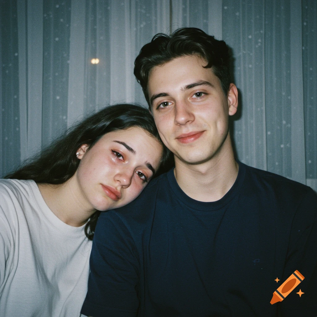 Polaroid-style photo of a crying woman resting her head on a gently smiling man's shoulder.