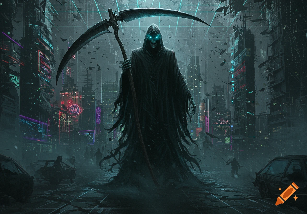 A dark, hooded grim reaper with glowing blue eyes stands centrally in a neon-lit, ruined cyberpunk city, holding a large scythe.