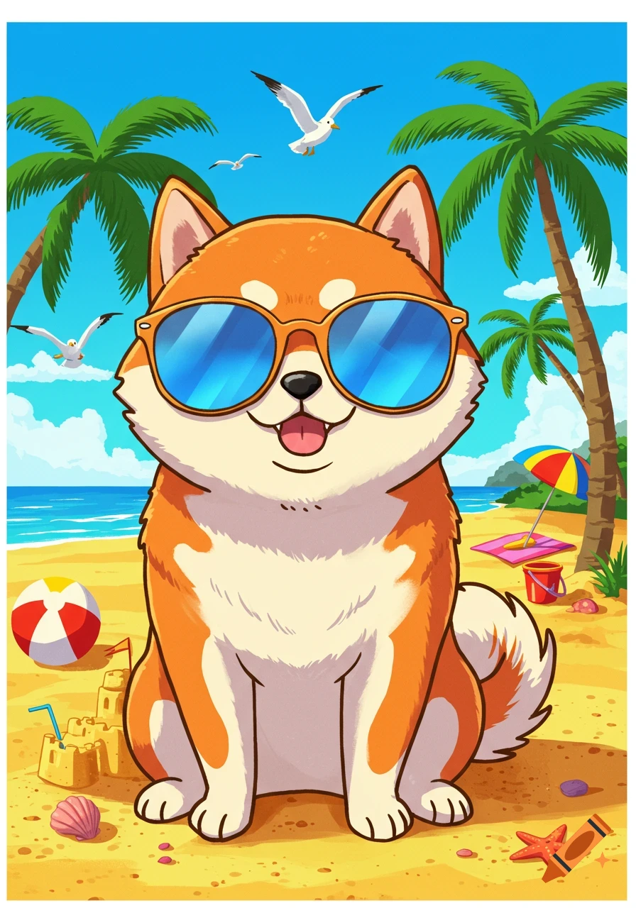 Cartoon shiba inu with sunglasses smiling on a sunny beach with palm trees and seagulls.