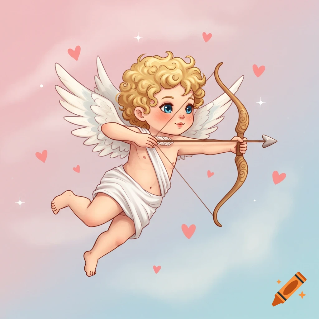Clipart of a cute Cupid with blonde curly hair, blue eyes, and white wings, aiming a bow and arrow on a pink and blue background with hearts.
