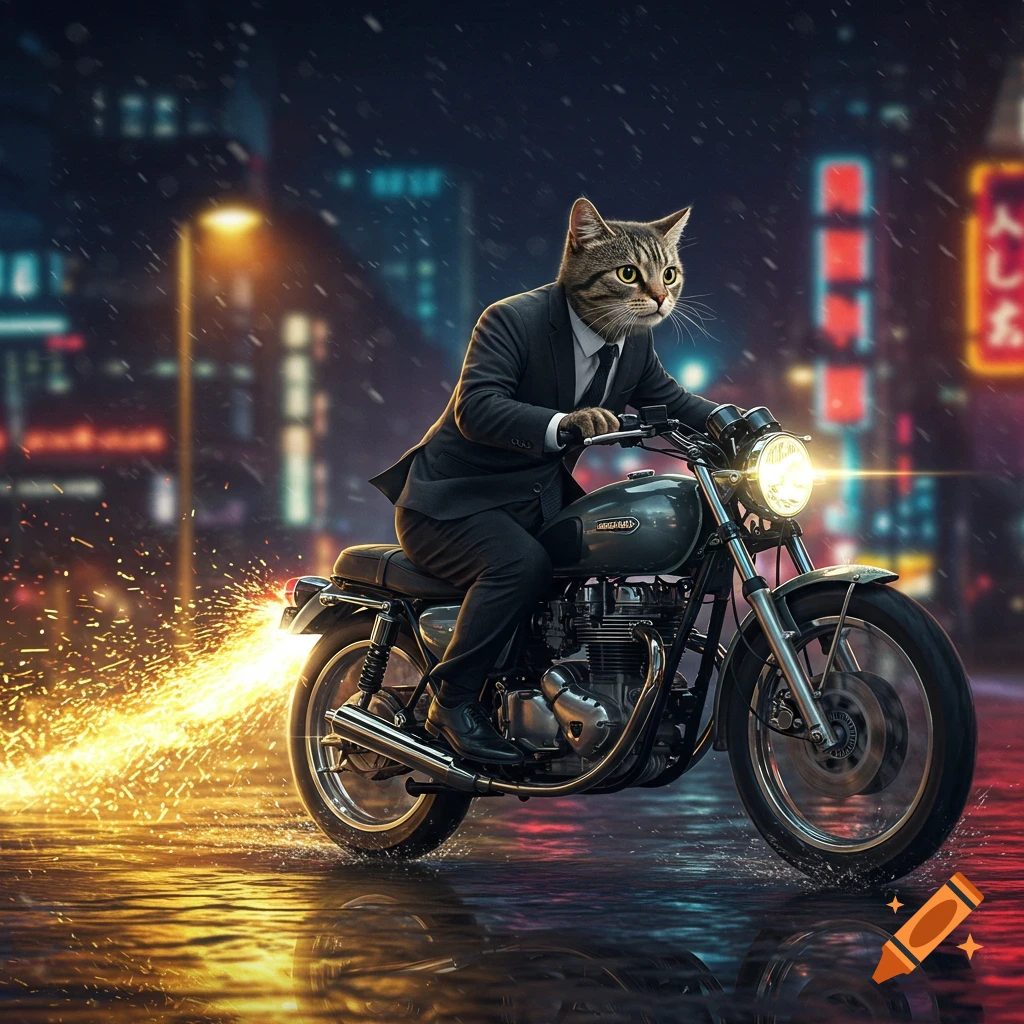 A photorealistic cat in a suit rides a motorcycle on a wet city street at night, with sparks trailing.