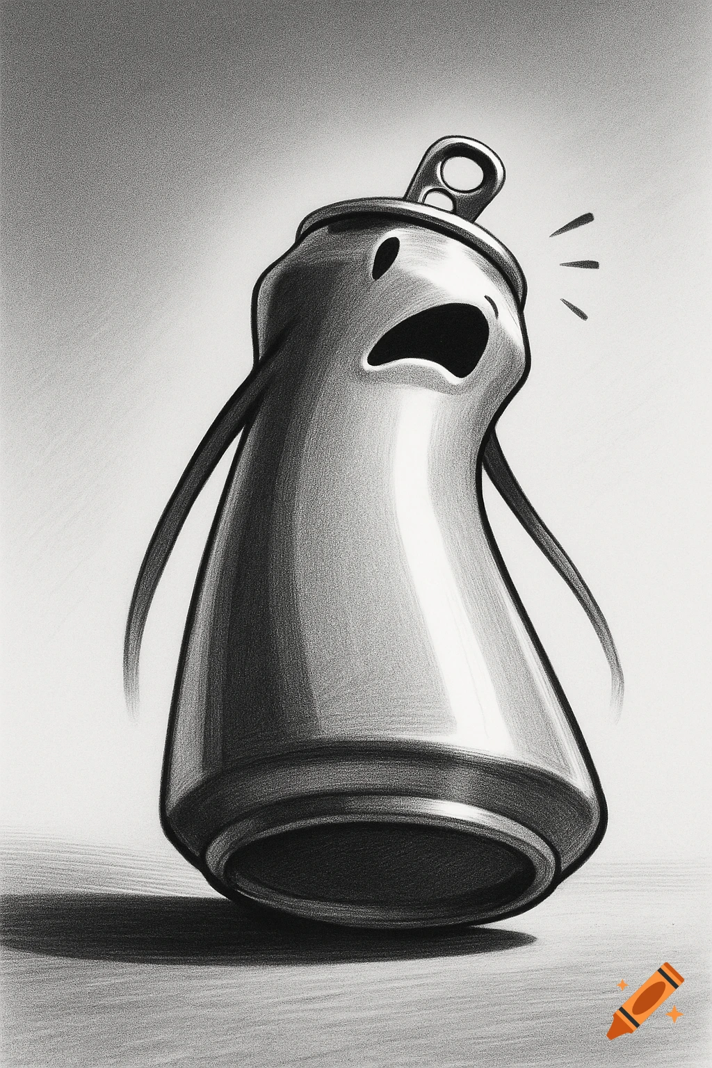 A black and white pencil sketch of a surprised, anthropomorphic soda can, leaning backward.