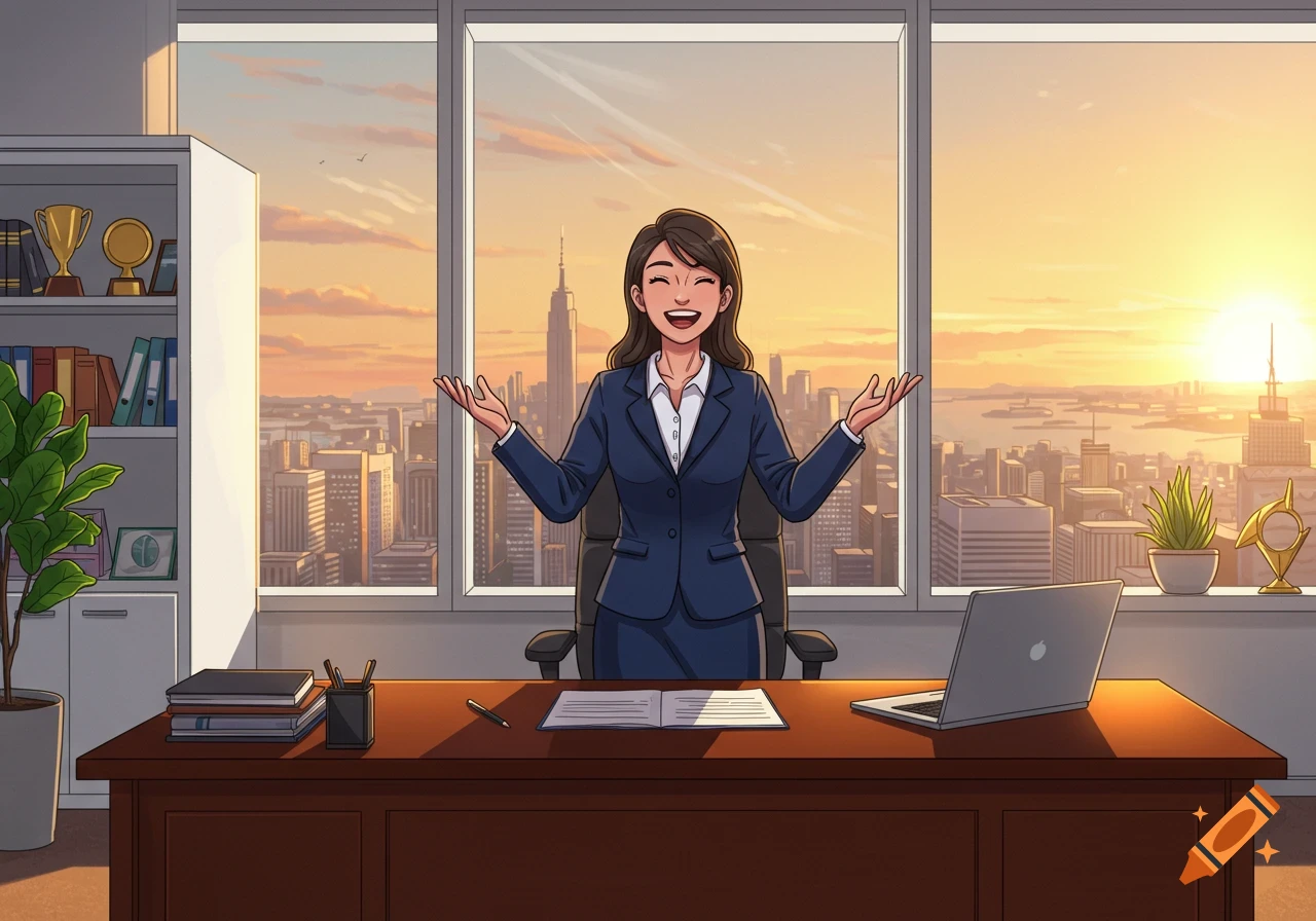Happy businesswoman in anime style sitting at a desk in a high-rise office with a city sunset view.