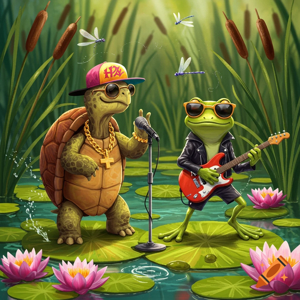 A hip-hop turtle raps into a microphone next to a rock and roll frog playing an electric guitar on lily pads in a pond.